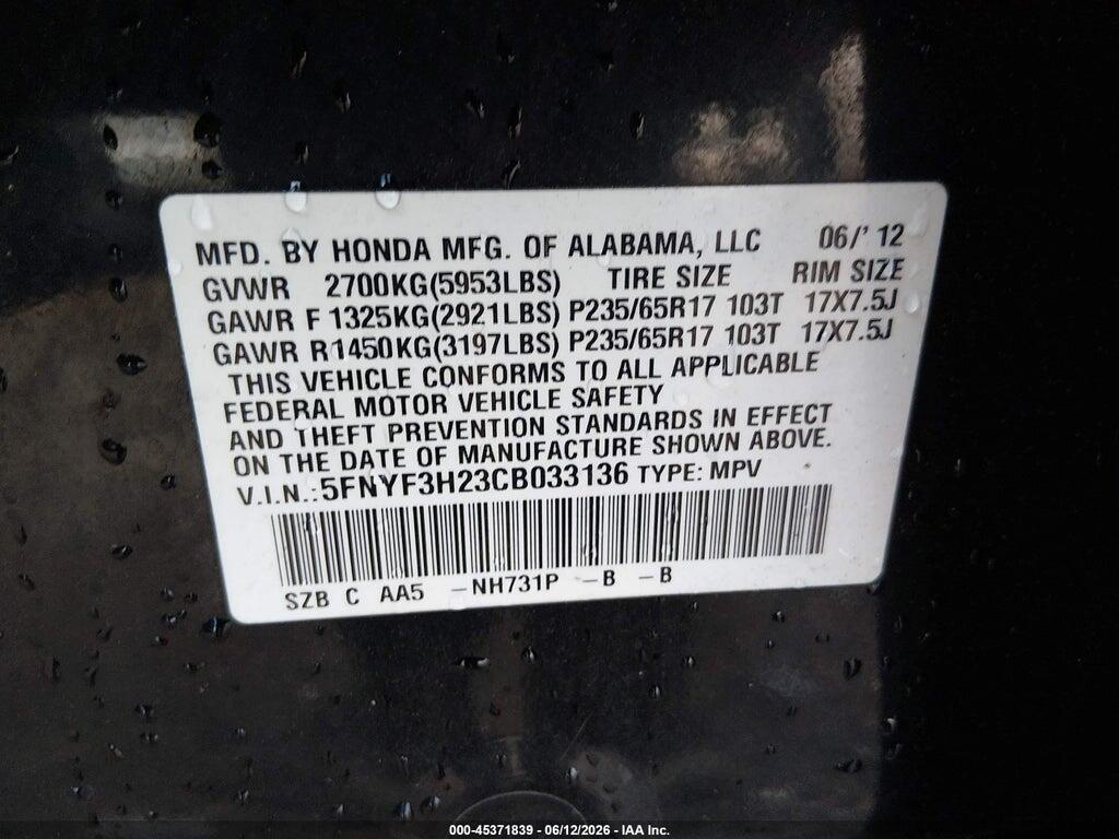 5FNYF3H23CB033136 2012 HONDA PILOT photo no. 9