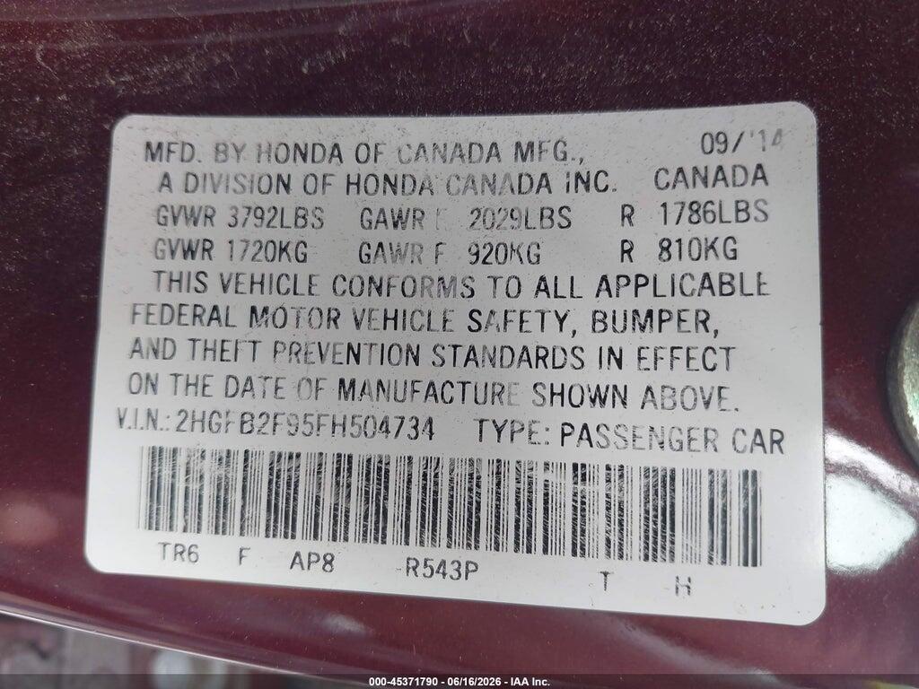 2HGFB2F95FH504734 2015 HONDA CIVIC photo no. 9