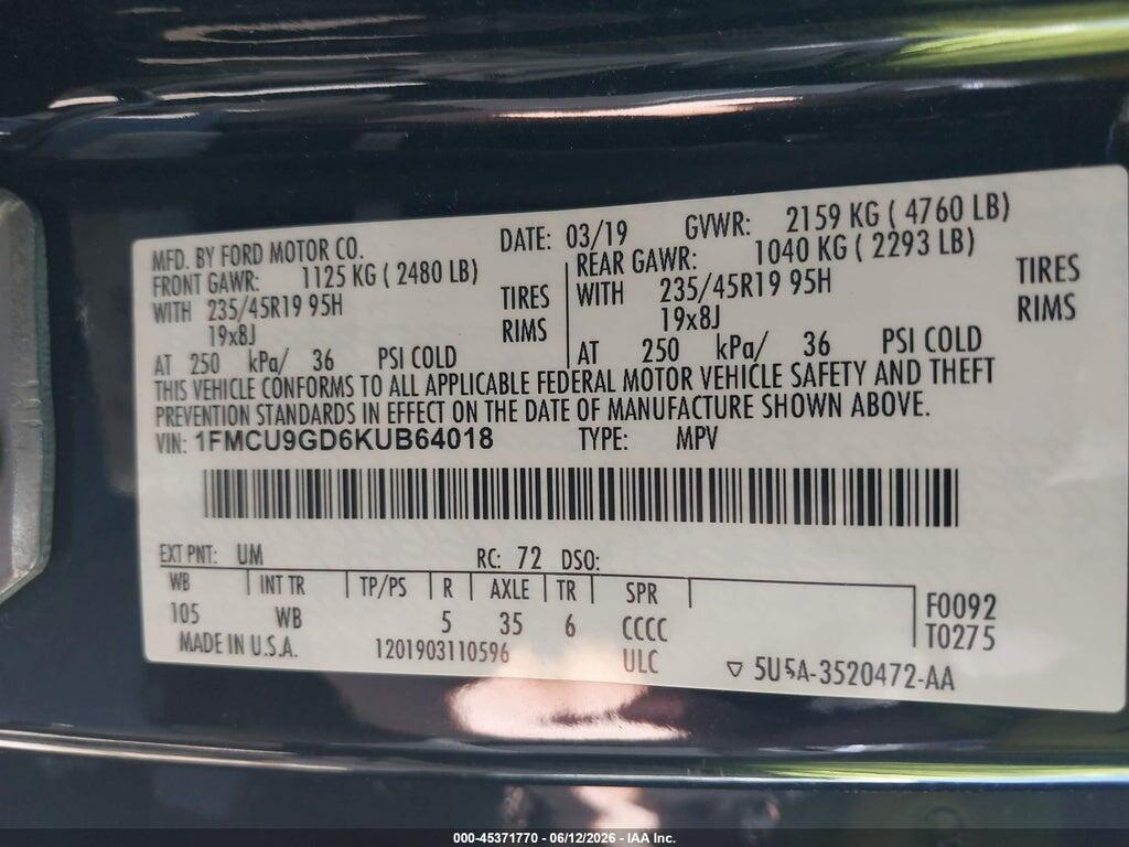 1FMCU9GD6KUB64018 2019 FORD ESCAPE photo no. 9