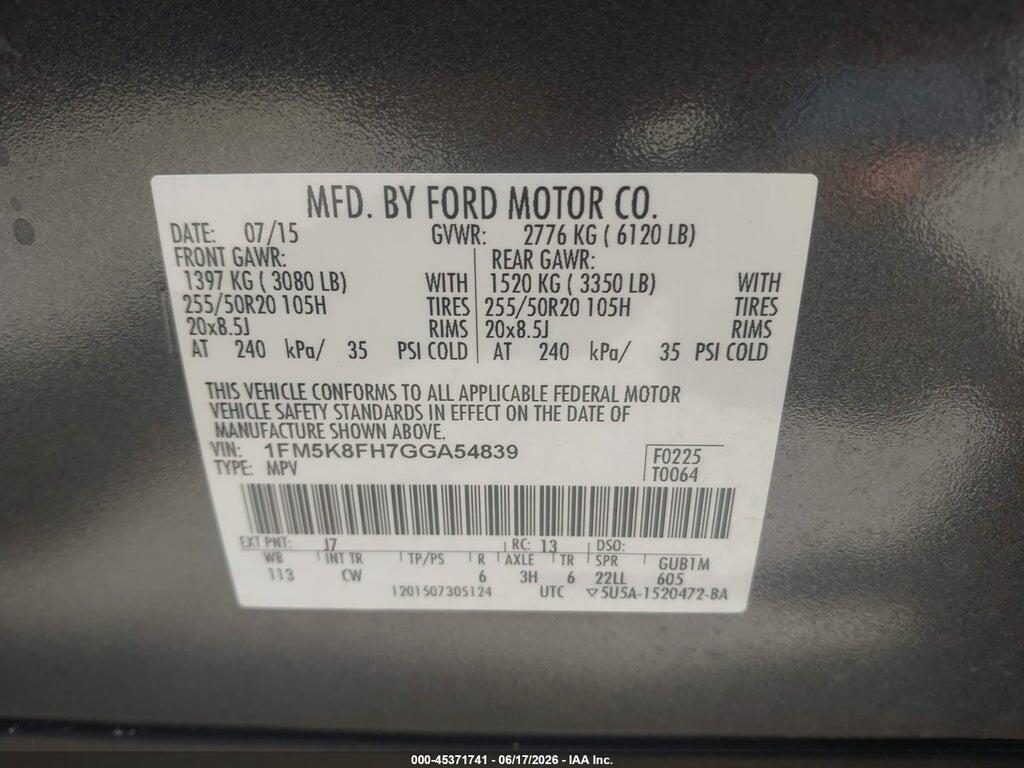 1FM5K8FH7GGA54839 2016 FORD EXPLORER photo no. 9