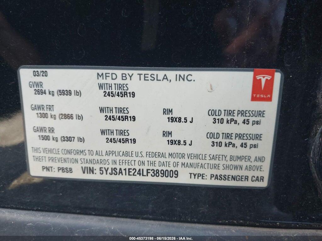 5YJSA1E24LF389009 2020 TESLA MODEL S photo no. 9