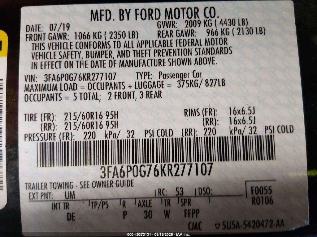 3FA6P0G76KR277107 2019 FORD FUSION photo no. 9