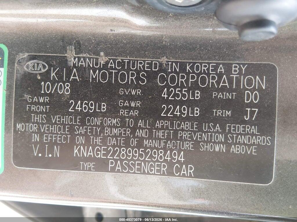 KNAGE228995298494 2009 KIA OPTIMA photo no. 9