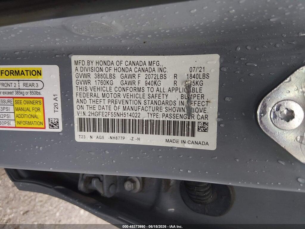 2HGFE2F55NH514022 2022 HONDA CIVIC photo no. 9