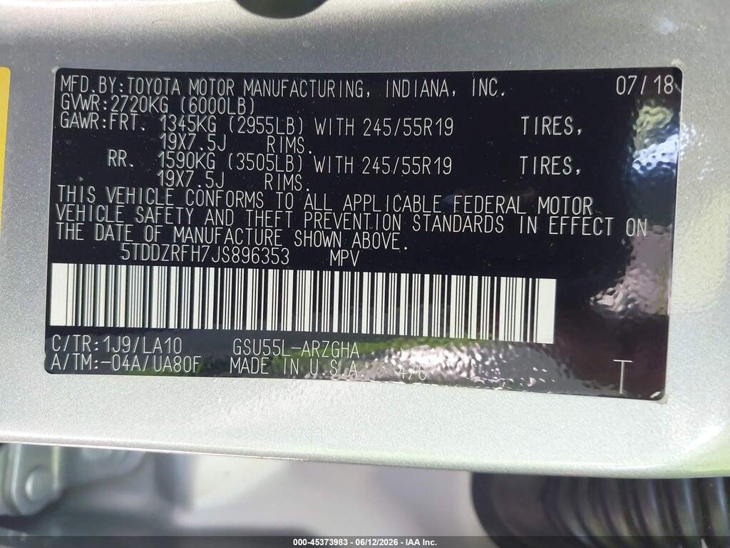 5TDDZRFH7JS896353 2018 TOYOTA HIGHLANDER photo no. 9