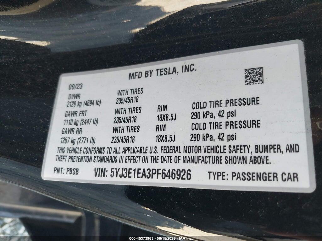 5YJ3E1EA3PF646926 2023 TESLA MODEL 3 photo no. 8
