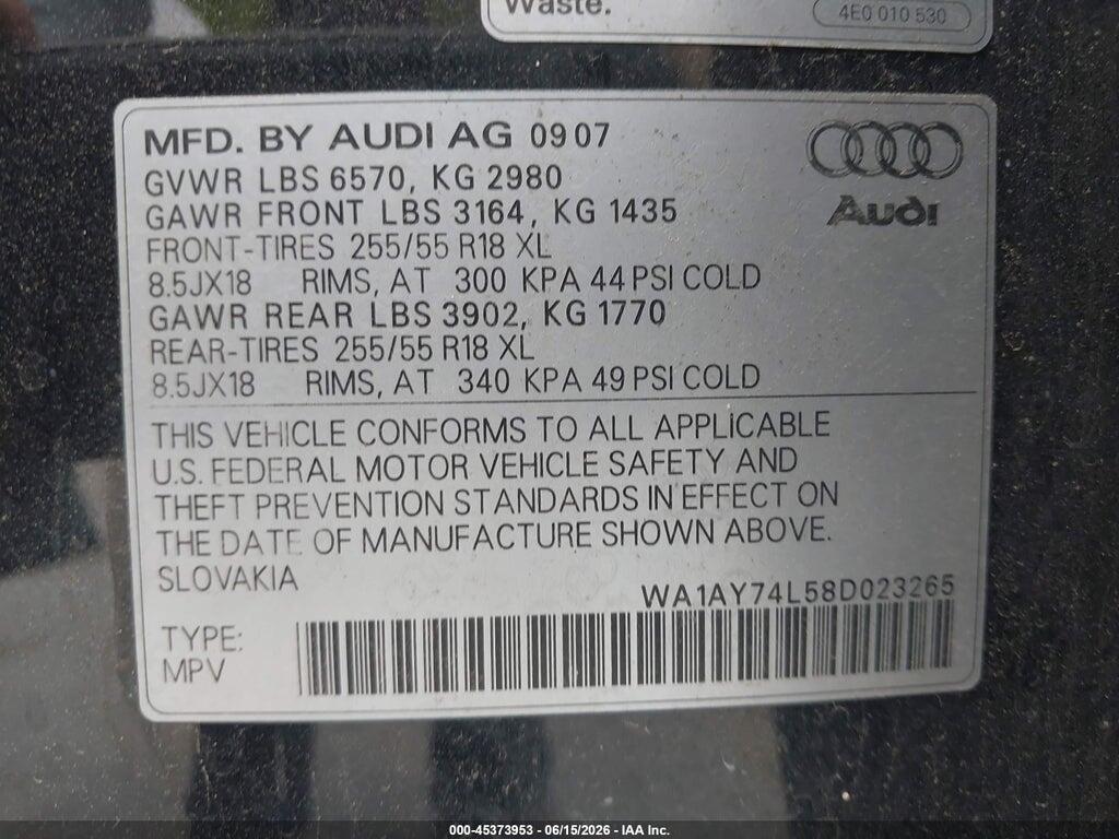 WA1AY74L58D023265 2008 AUDI Q7 photo no. 9