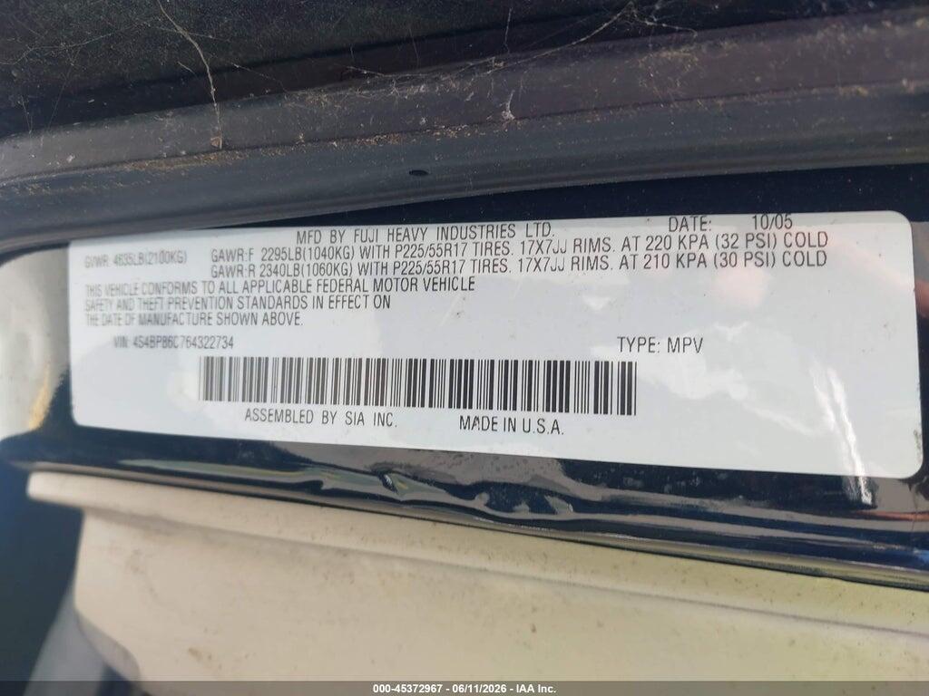 4S4BP86C764322734 2006 SUBARU OUTBACK photo no. 9
