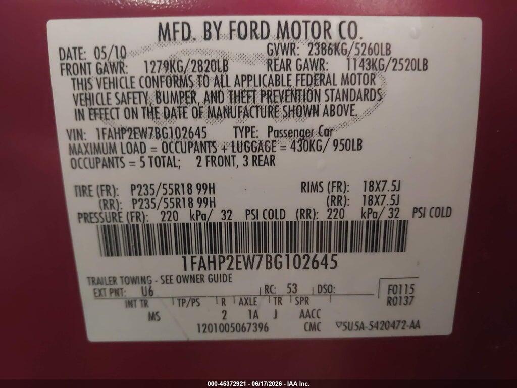 1FAHP2EW7BG102645 2011 FORD TAURUS photo no. 9