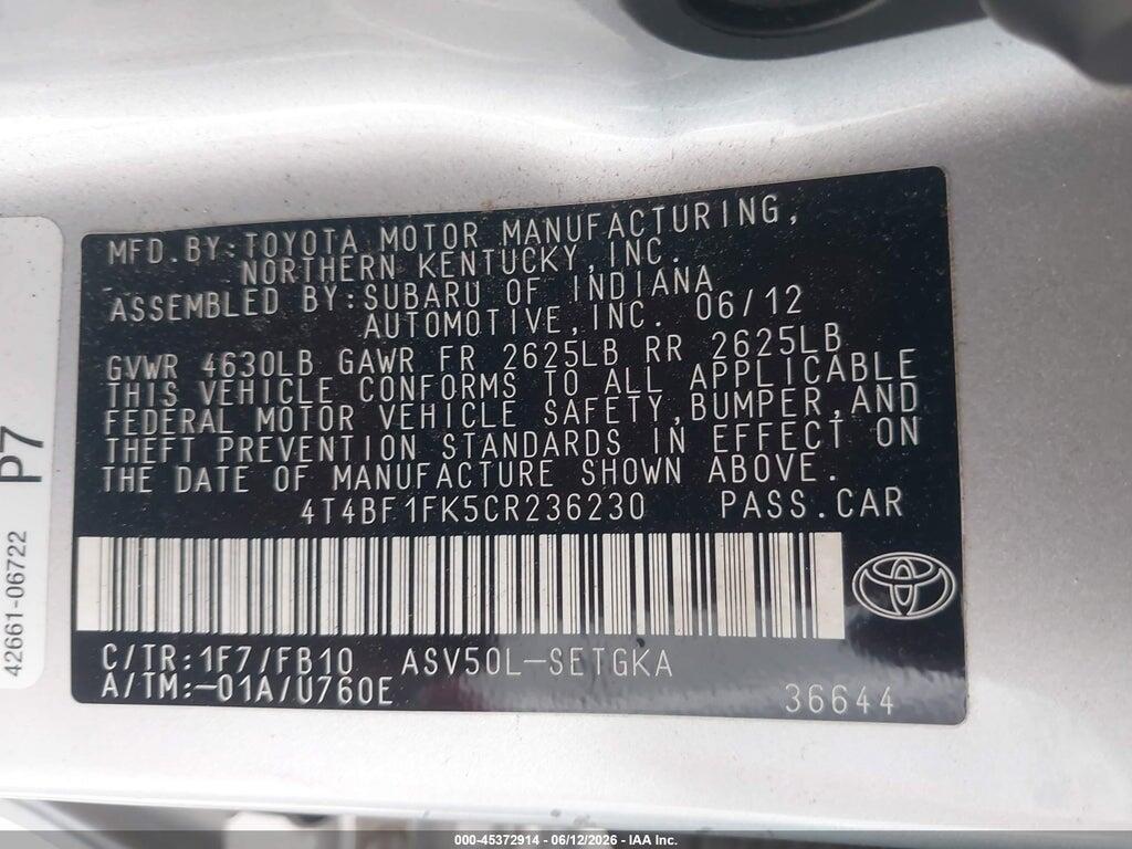 4T4BF1FK5CR236230 2012 TOYOTA CAMRY photo no. 9