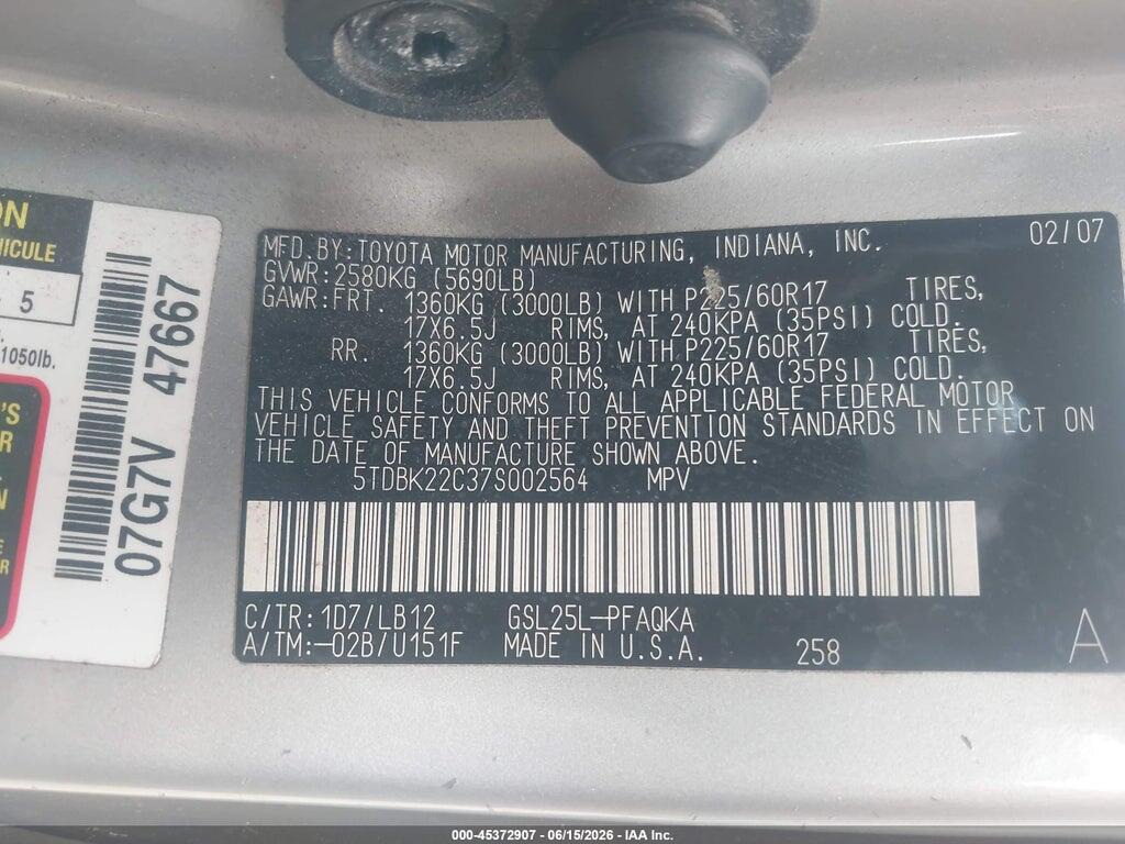 5TDBK22C37S002564 2007 TOYOTA SIENNA photo no. 9