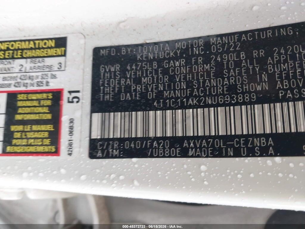 4T1C11AK2NU693889 2022 TOYOTA CAMRY photo no. 9