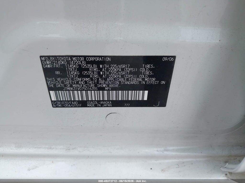JTMBK31V075016355 2007 TOYOTA RAV4 photo no. 9