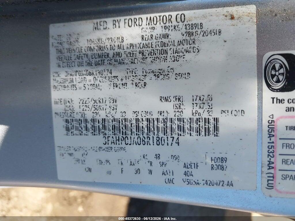 3FAHP0JA0BR180174 2011 FORD FUSION photo no. 9