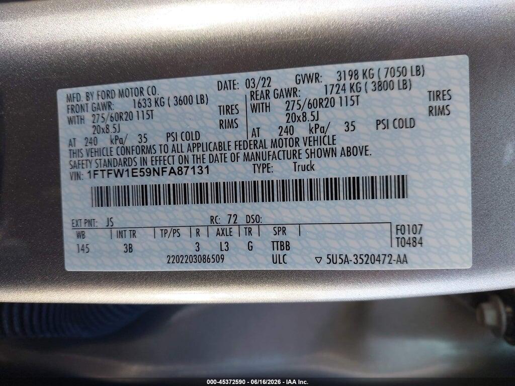 1FTFW1E59NFA87131 2022 FORD F-150 photo no. 9