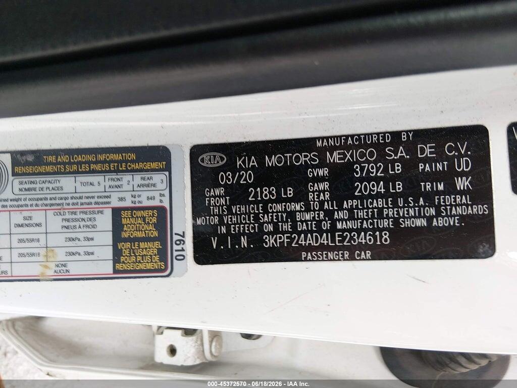 3KPF24AD4LE234618 2020 KIA FORTE photo no. 9