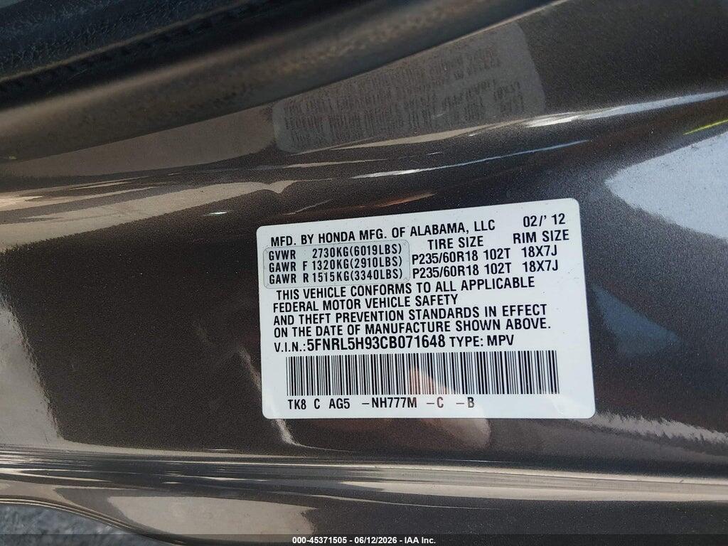 5FNRL5H93CB071648 2012 HONDA ODYSSEY photo no. 9