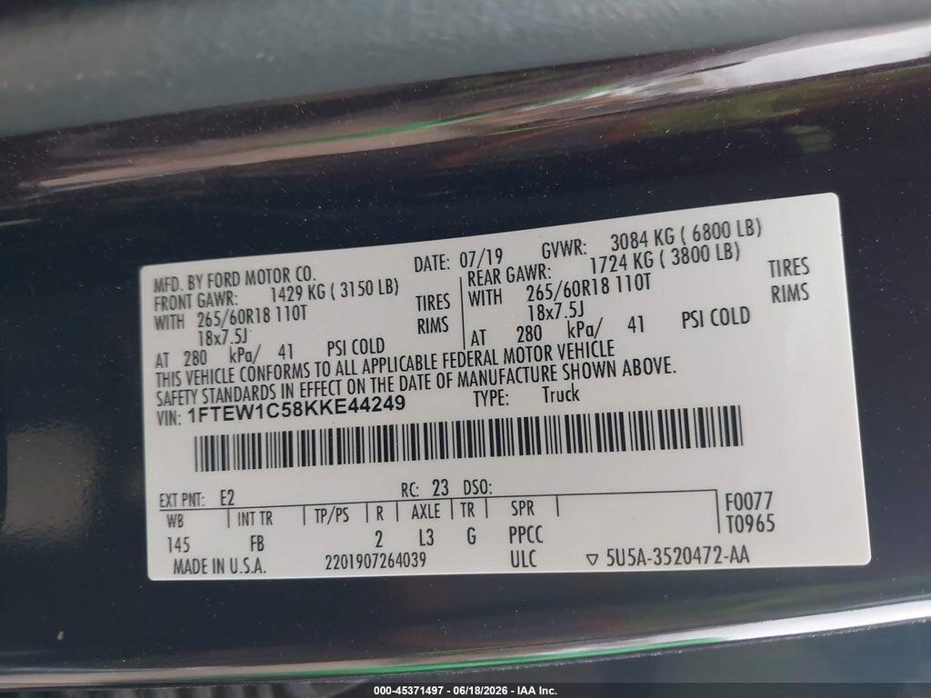 1FTEW1C58KKE44249 2019 FORD F-150 photo no. 9