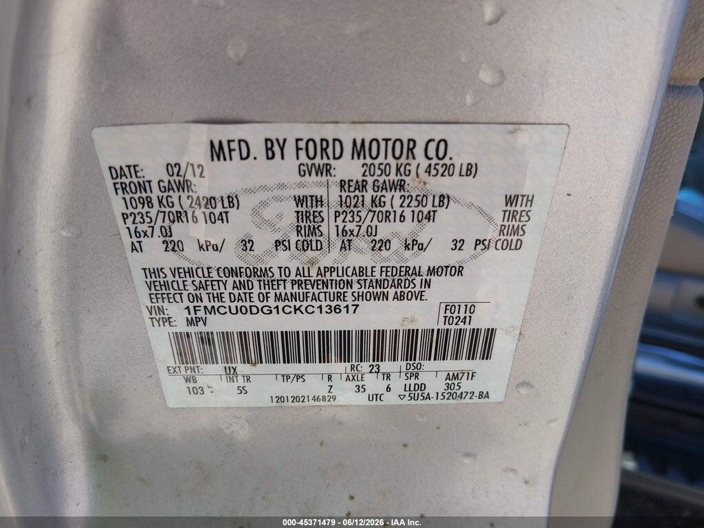 1FMCU0DG1CKC13617 2012 FORD ESCAPE photo no. 9