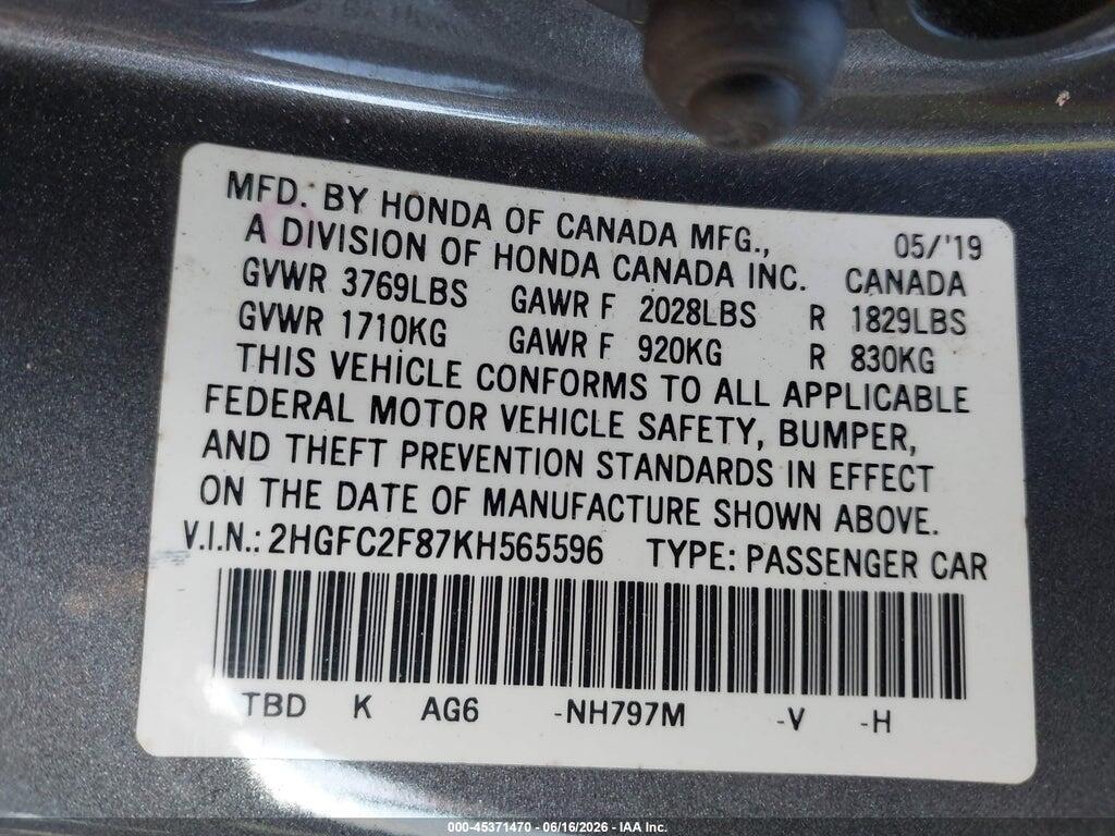 2HGFC2F87KH565596 2019 HONDA CIVIC photo no. 9