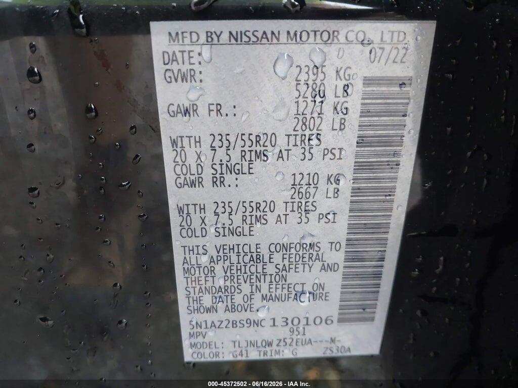 5N1AZ2BS9NC130106 2022 NISSAN MURANO photo no. 9