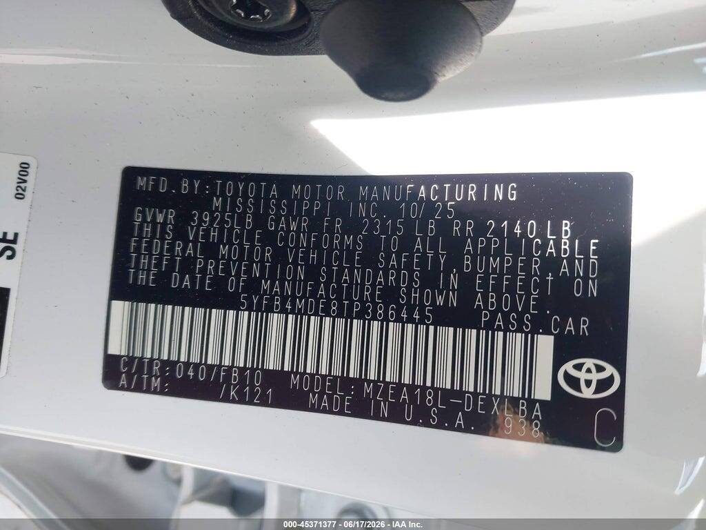 5YFB4MDE8TP386445 2026 TOYOTA COROLLA photo no. 9