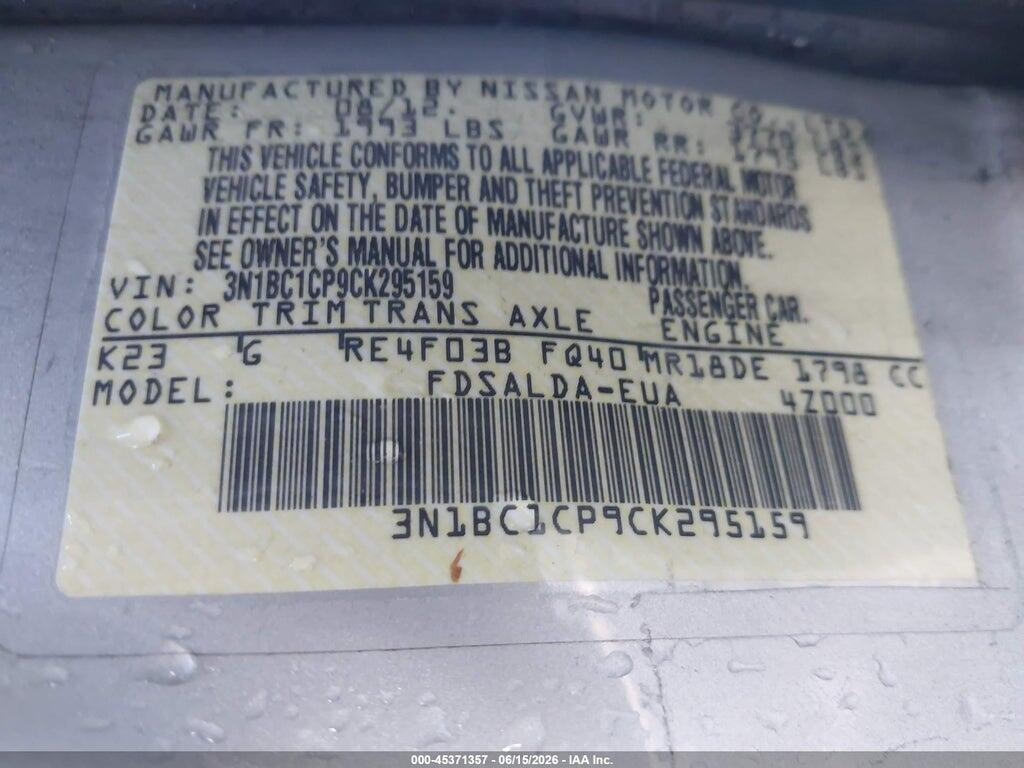 3N1BC1CP9CK295159 2012 NISSAN VERSA photo no. 9