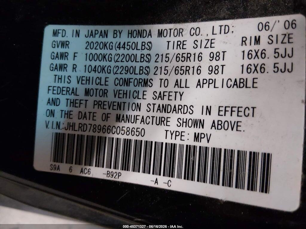 JHLRD78966C058650 2006 HONDA CR-V photo no. 9