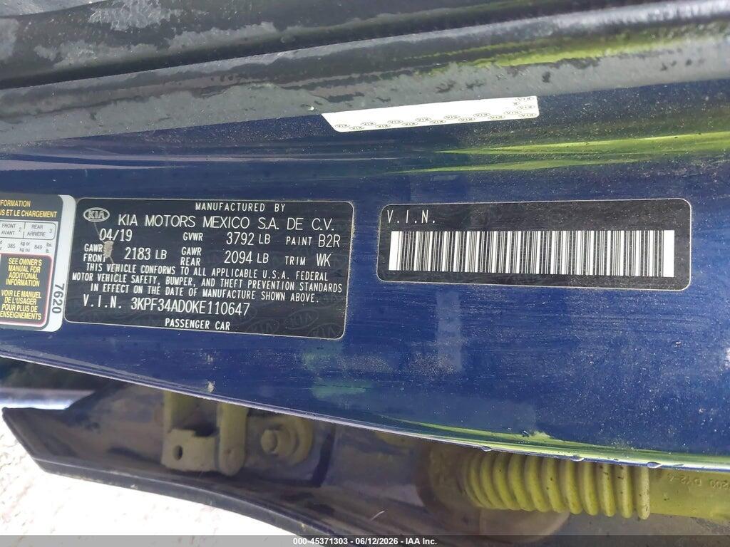 3KPF34AD0KE110647 2019 KIA FORTE photo no. 9