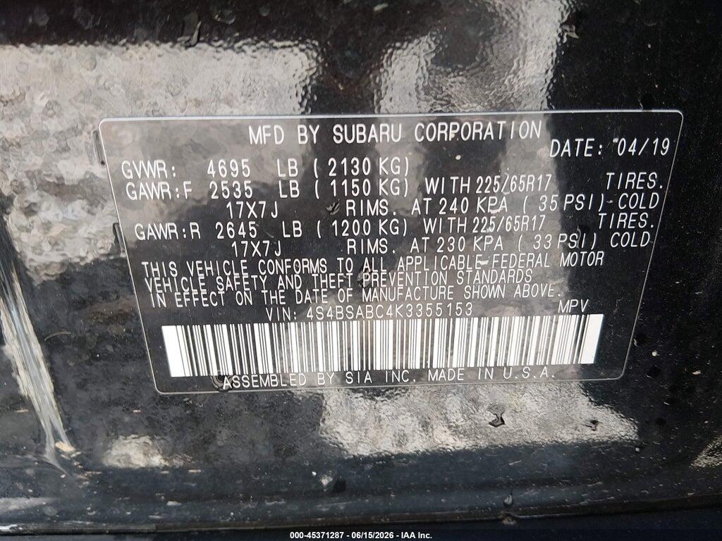 4S4BSABC4K3355153 2019 SUBARU OUTBACK photo no. 9