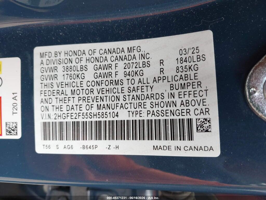 2HGFE2F55SH585104 2025 HONDA CIVIC photo no. 9