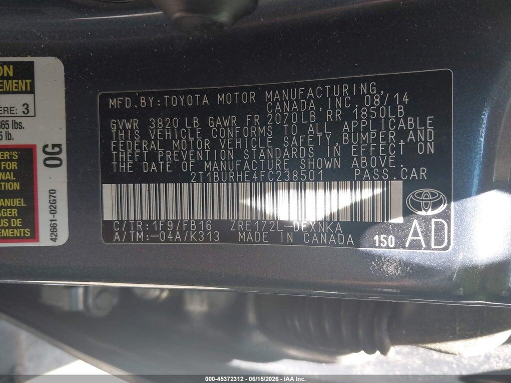 2T1BURHE4FC238501 2015 TOYOTA COROLLA photo no. 9