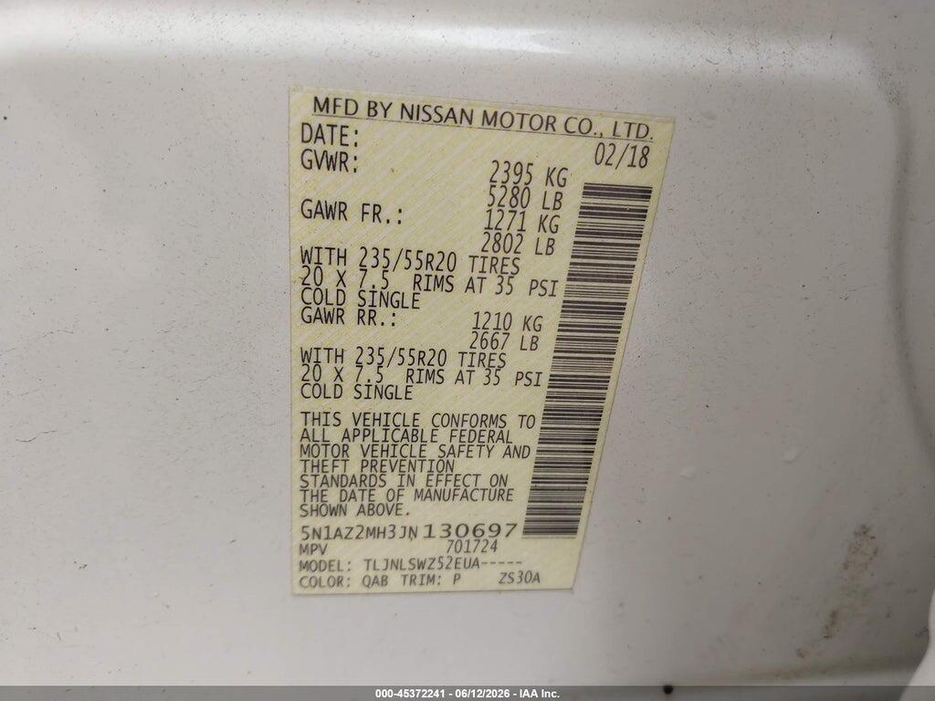 5N1AZ2MH3JN130697 2018 NISSAN MURANO photo no. 9