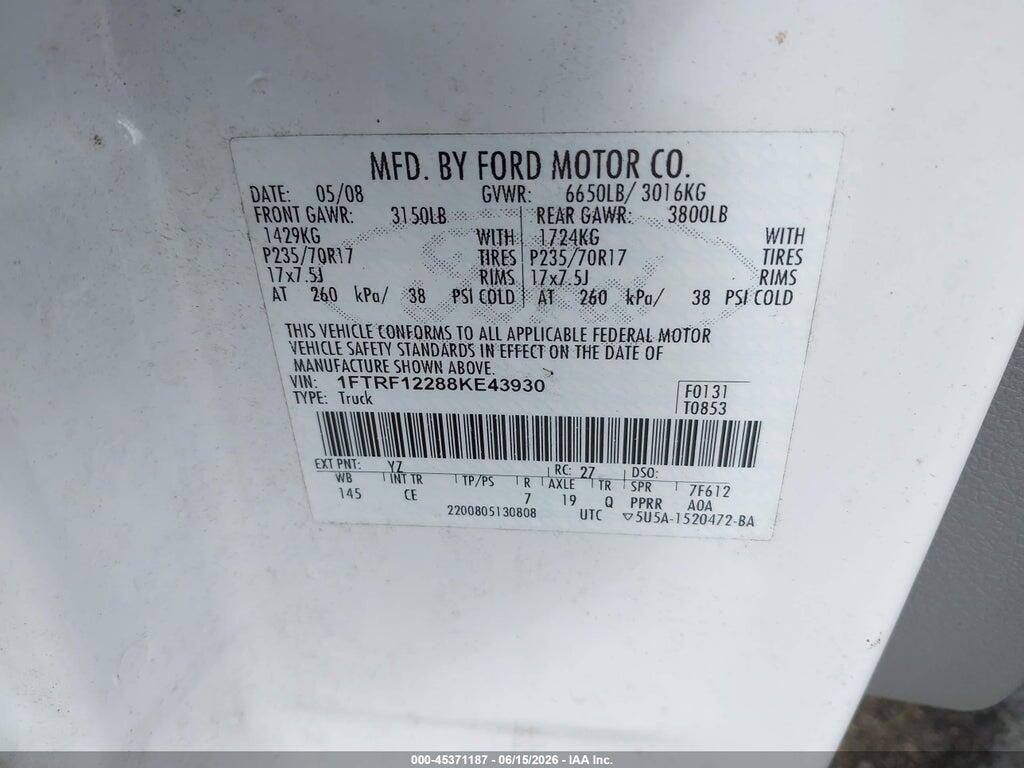 1FTRF12288KE43930 2008 FORD F-150 photo no. 9