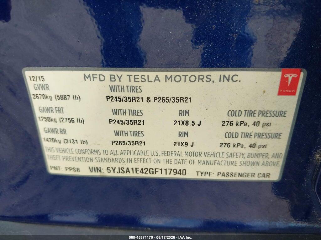 5YJSA1E42GF117940 2016 TESLA MODEL S photo no. 9