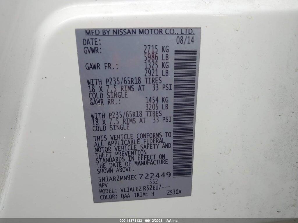 5N1AR2MN9EC722449 2014 NISSAN PATHFINDER photo no. 9