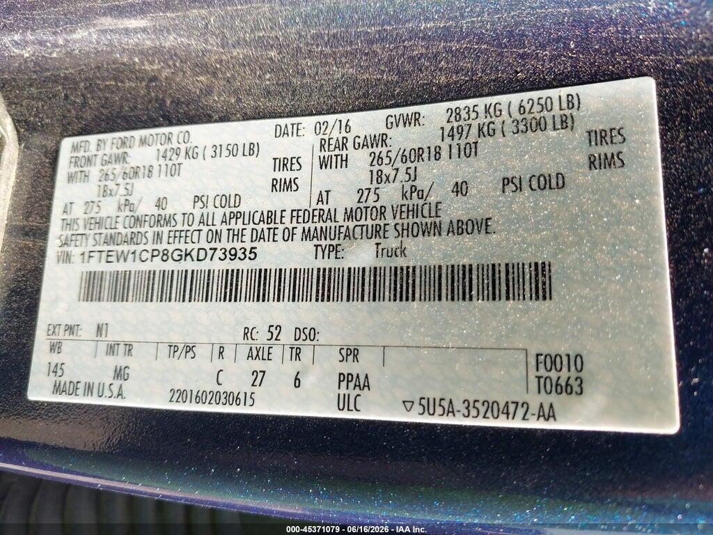 1FTEW1CP8GKD73935 2016 FORD F-150 photo no. 9