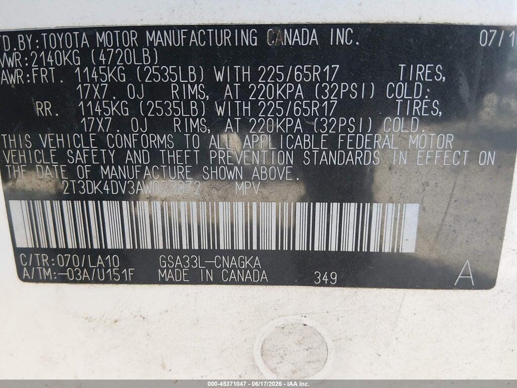 2T3DK4DV3AW033872 2010 TOYOTA RAV4 photo no. 9