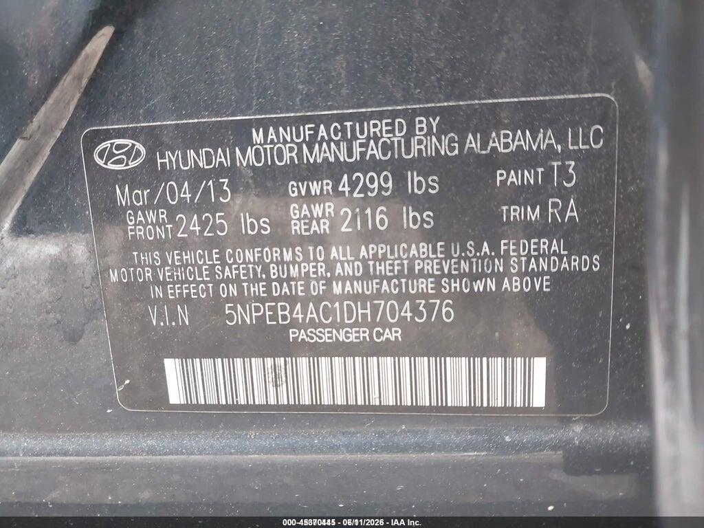 5NPEB4AC1DH704376 2013 HYUNDAI SONATA photo no. 9