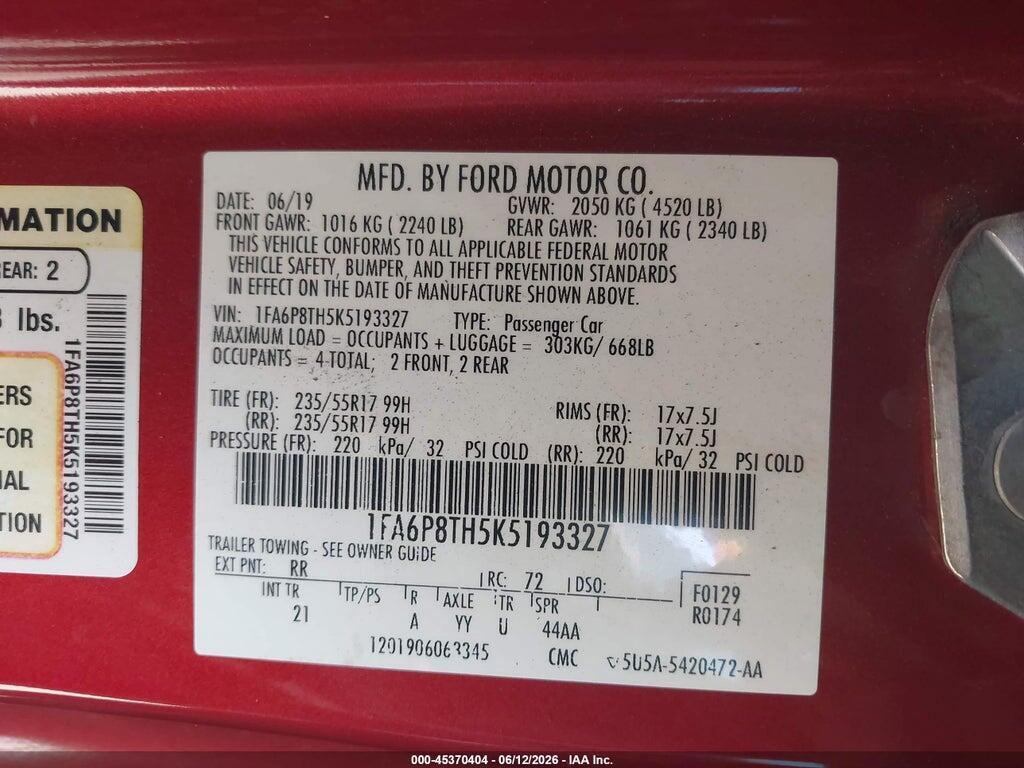 1FA6P8TH5K5193327 2019 FORD MUSTANG photo no. 9