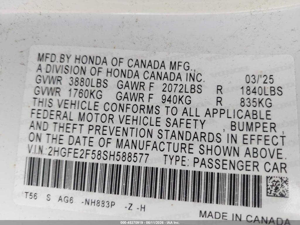 2HGFE2F58SH588577 2025 HONDA CIVIC photo no. 9