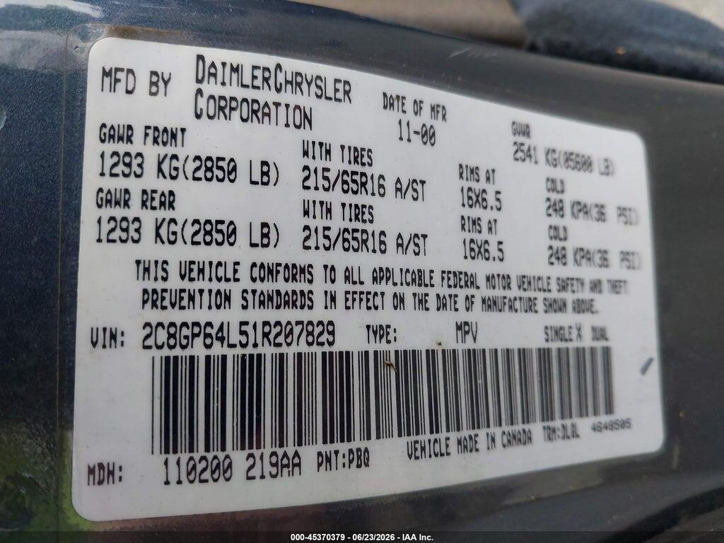 2C8GP64L51R207829 2001 CHRYSLER TOWN & COUNTRY photo no. 9