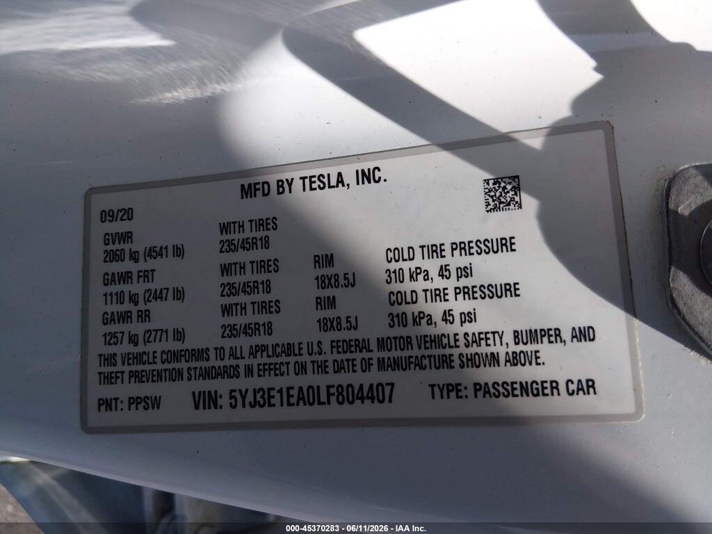 5YJ3E1EA0LF804407 2020 TESLA MODEL 3 photo no. 9