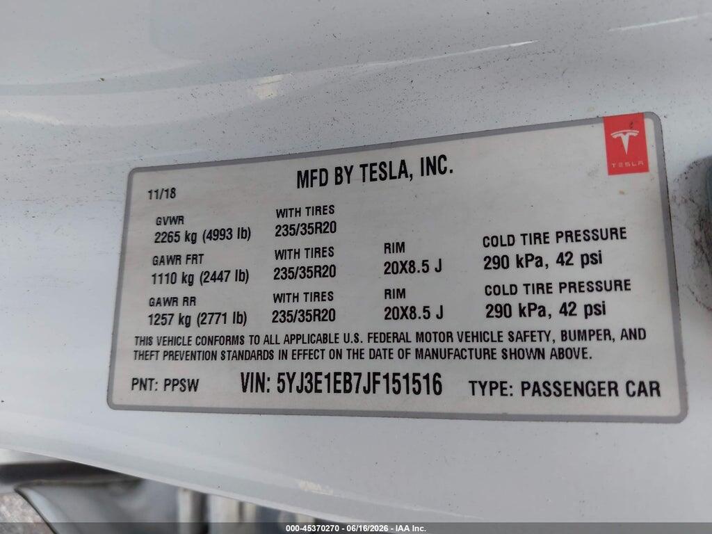 5YJ3E1EB7JF151516 2018 TESLA MODEL 3 photo no. 9