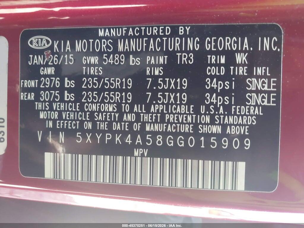 5XYPK4A58GG015909 2016 KIA SORENTO photo no. 9
