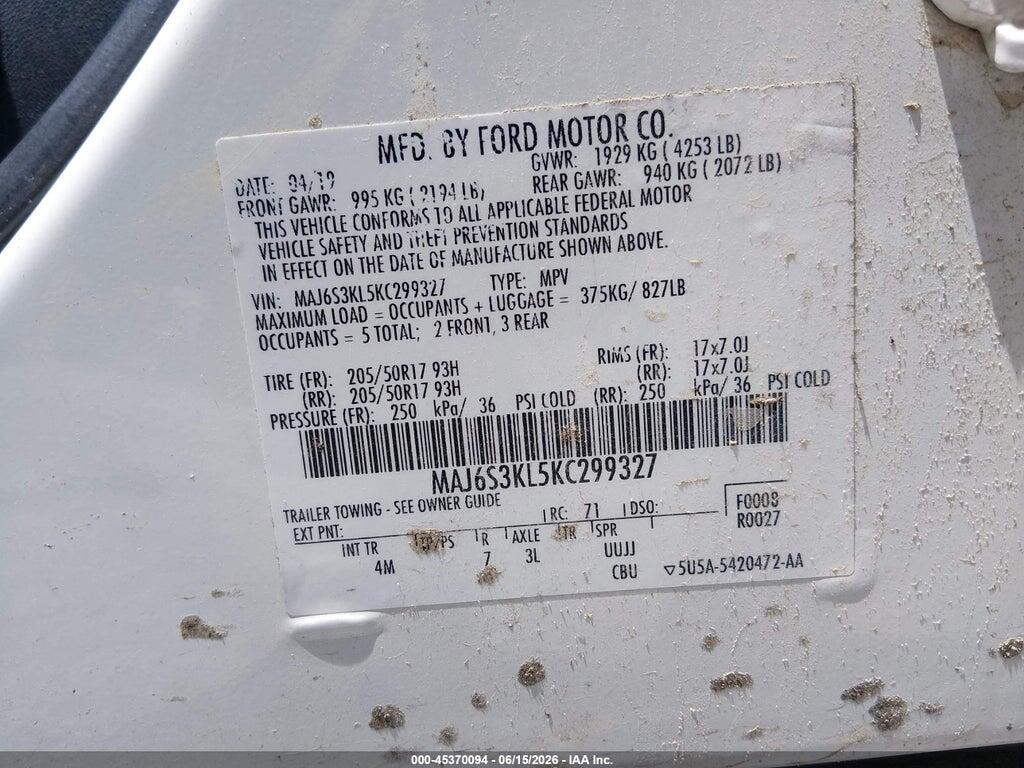 MAJ6S3KL5KC299327 2019 FORD ECOSPORT photo no. 9