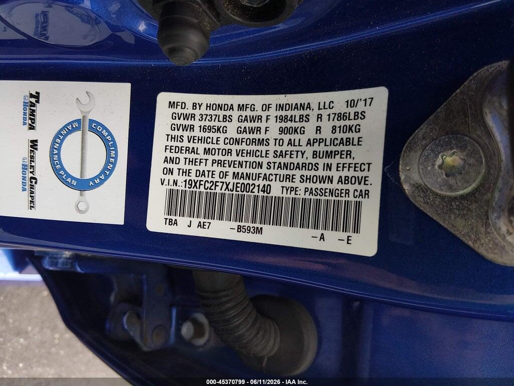 19XFC2F7XJE002140 2018 HONDA CIVIC photo no. 9