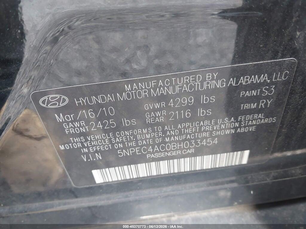 5NPEC4AC0BH033454 2011 HYUNDAI SONATA photo no. 9