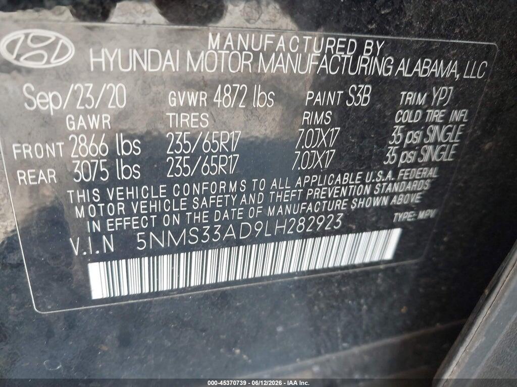 5NMS33AD9LH282923 2020 HYUNDAI SANTA FE photo no. 9