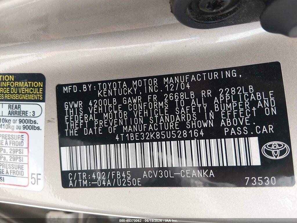 4T1BE32K85U528164 2005 TOYOTA CAMRY photo no. 9
